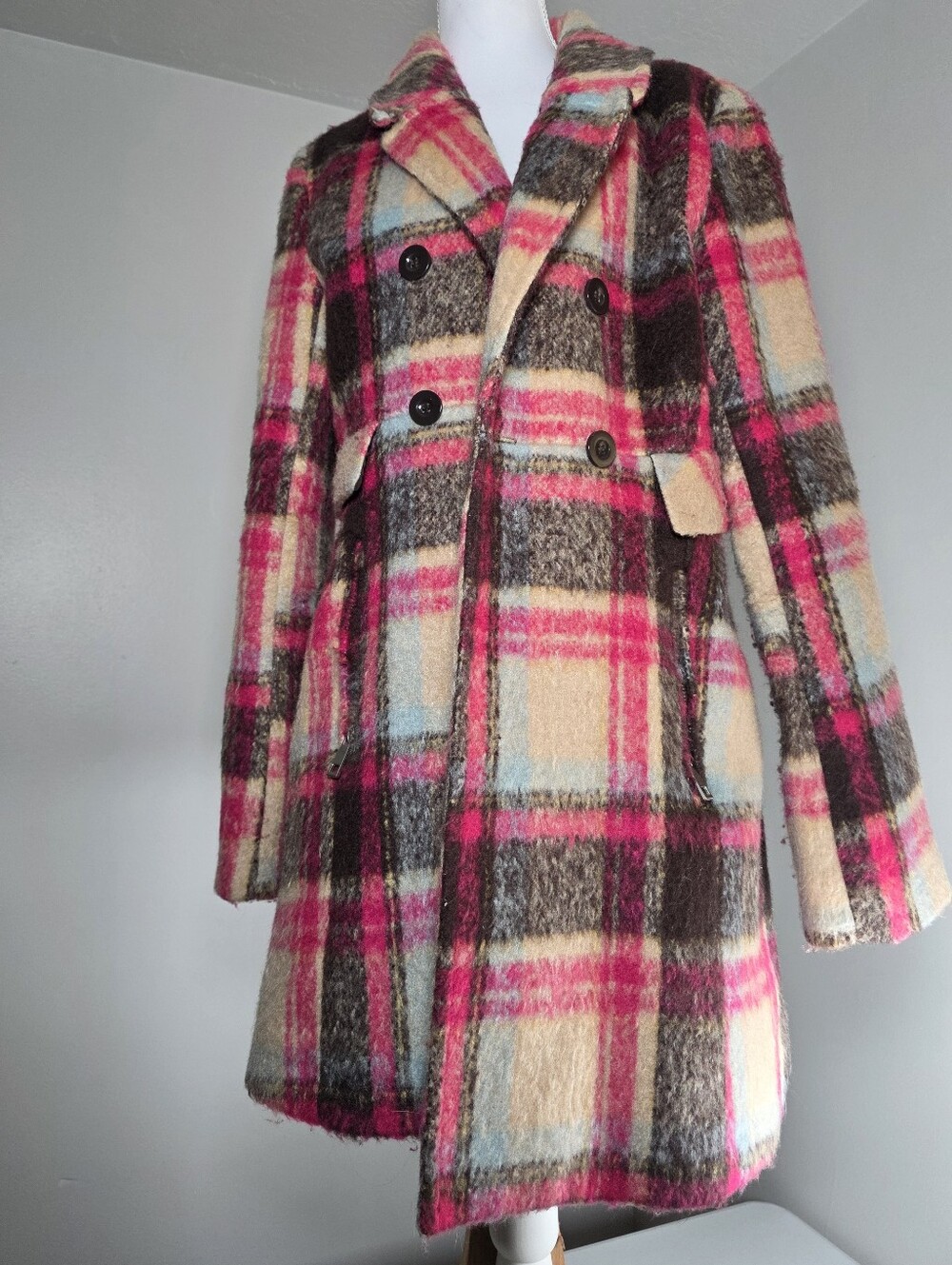 Rue21 Pink & Cream Plaid Double-Breasted Peacoat